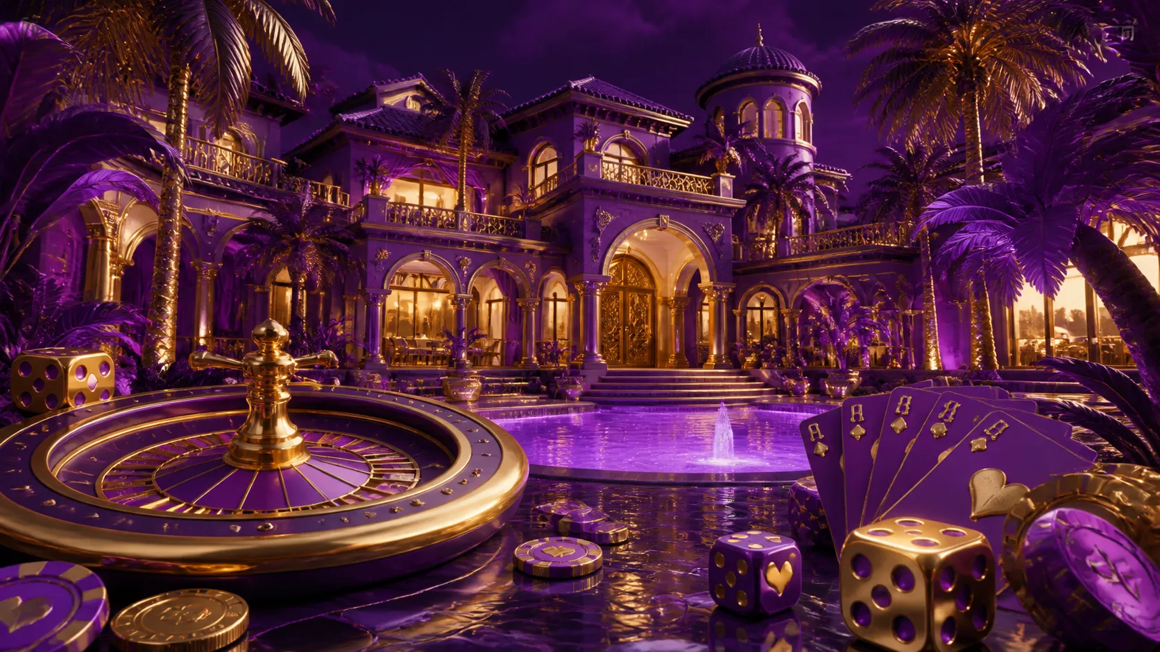 luxurious casino-themed hero image for Villaspin with poker chips, playing cards, and roulette wheel in glossy 3D render