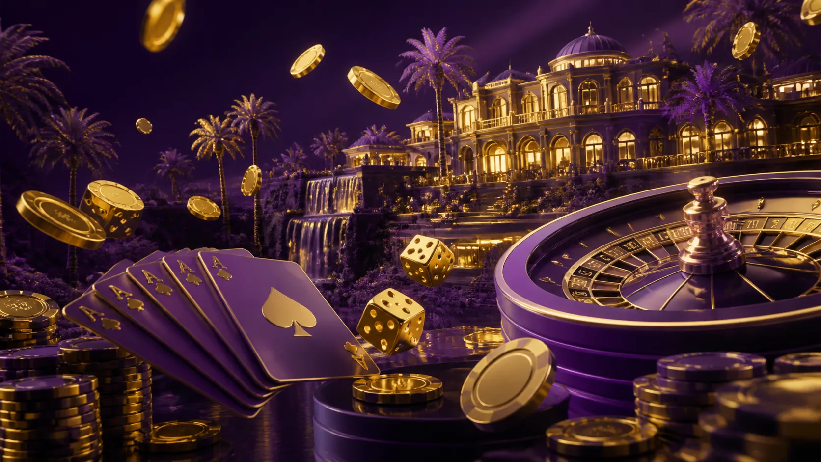 A luxurious casino-themed glossy 3D render for Villaspin with poker chips, roulette wheel, and slot machine reels in a vibran